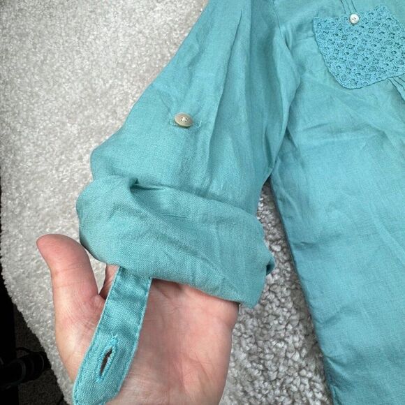 John Mark Crotchet Pocket Linen Button Up Shirt Blue Green - Picture 6 of 8